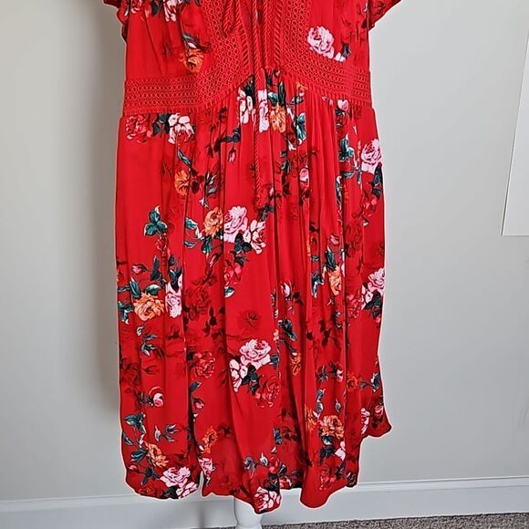 Torrid Red Floral Plus Size A-Line Dress Lace Detail w/ Pockets Size 2X - Picture 5 of 13